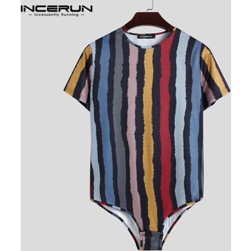Men Striped T Shirt Bodysuit Round Neck Short Sleeve Casual Rompers Tee Tops Streetwear Sexy Jumpsuits Camisetas S-5XL INCERUN