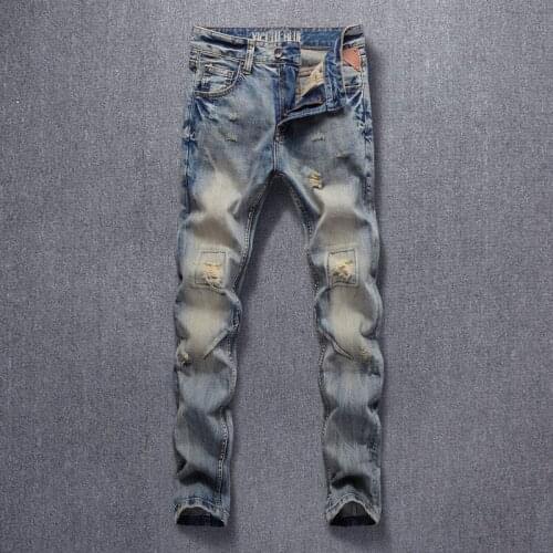 European Vintage Fashion Men Jeans Retro Yellow Blue Slim Fit Ripped Jeans Men High Quality Designer Casual Cotton Denim Pants