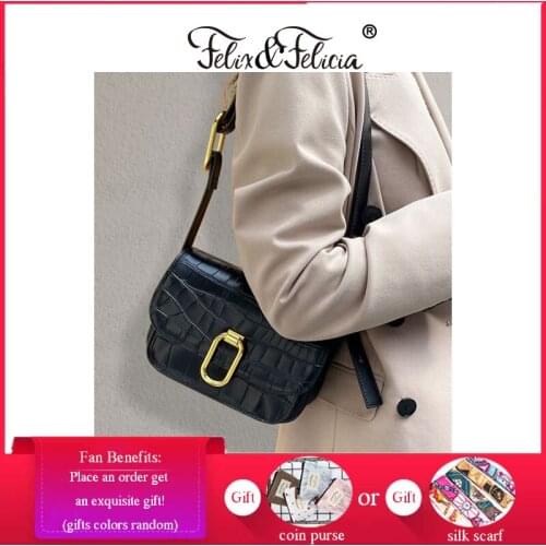 FELIX & FELICIA Women Shoulder Handbag Fashion High Quality Genuine Leather Crossbody Retro Alligator Pattern Messenger Flap Bag