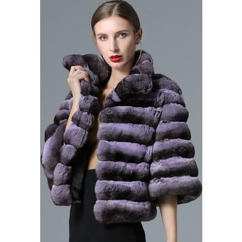 FURSARCAR 2020 New Natural Rex Rabbit Fur Jacket With Collar Purple Color Short Winter Women Coat Fashion Chinchilla Fur Outwear