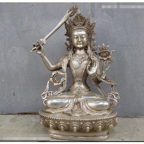 8.5" temple White Bronze Silver Manjusri Kwan-Yin Buddha Statue