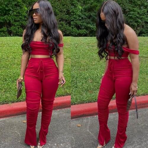 Sexy Slash Neck Crop Top 2 Pieces Long Pants Sets Summer Tracksuit off Shoulder Top and Drawstrings Bottom Split Pants Outfits