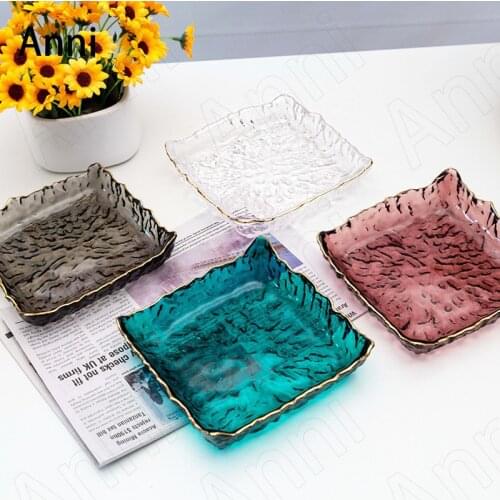 Creativity Gold Inlay Hammer Glass Plates European Square Snack Fruit Dishes Coffee Table Dried Fruit Plate Kitchen Tableware