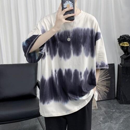2021 mens summer new round neck loose tie-dye four-color mens T-shirt splashed ink pure cotton short sleeve
