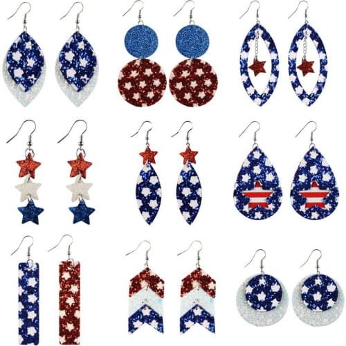2021 New Blue Glitter Leather Star Chevron Bar Statement Earrings for Women Fashion Independence Day Earrings Jewelry Wholesale