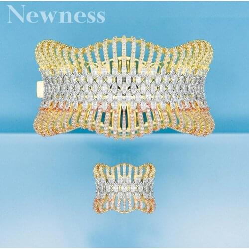 Newness luxury Statement African Gold Bangle Cuff Ring Sets For Women Wedding Cubic Zircon Crystal CZ Dubai Bridal Jewelry Sets