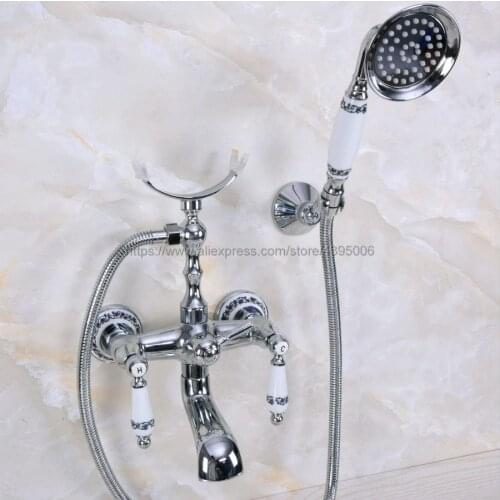 Polished Chrome Bathroom Dual Ceramic Handles Bathtub Mixer Faucet Clawfoot Tub Mixer Tap with Handshower Bna242