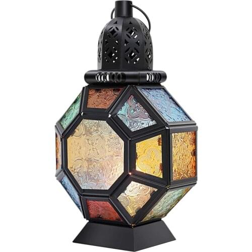 Retro Iron Candle Lantern,Portable Moroccan Stained Glass Candle Holder Hanging Lamp Horse Light Wind Lantern,Home Decor
