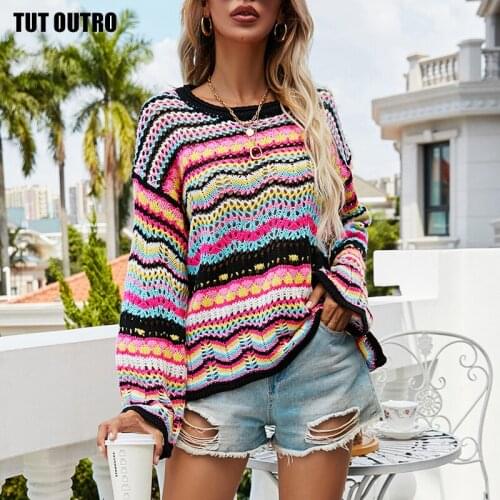Multi Color Blocked Knitted Pullover Women Summer Casual Flare Sleeve Hollow Out Sweater Cool Girls Fashion Jumper 2021