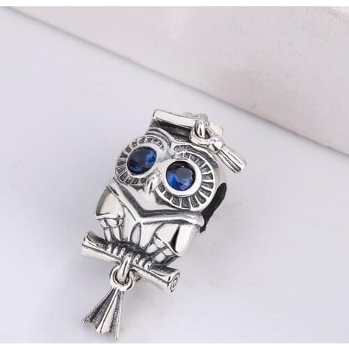 High Quality Owl Graduation Charm New 925 Sterling Silver Blue Zircon Moon Charm Fits Pandora Bracelet Necklace jewelry