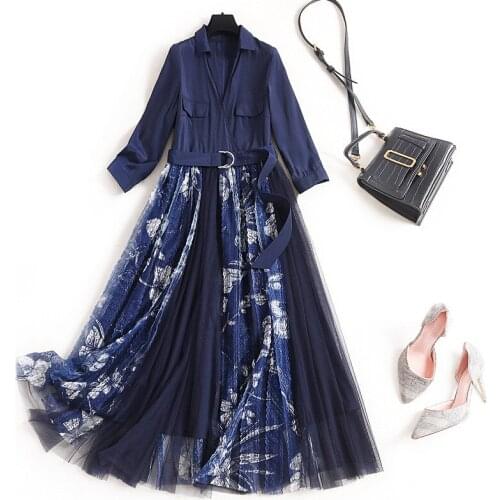 New 2020 Spring Dress Fashion Woman Clothes Elegant Female V Neck Floral Printing Patchwork Mid Calf Aline Tulle Casual Dress