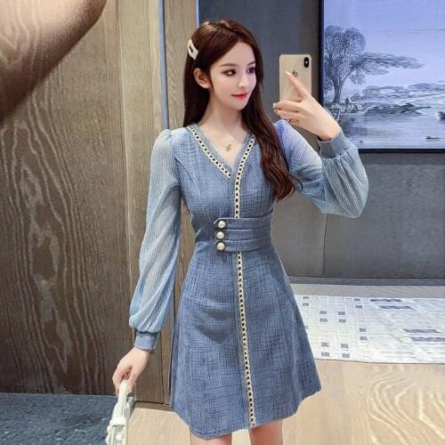 Autumn New Sweet Dresses For Women Fashion V-neck Suede Patchwork Shine Sequined Lantern Sleeve Slim A-line Mini Dress Vestidos