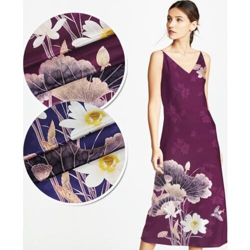 118*128CM 19MM White Lotus Print Stretch Dark Blue Red Silk Satin Fabric Good for Spring Summer Dress Skirt Shirt Pants JH066