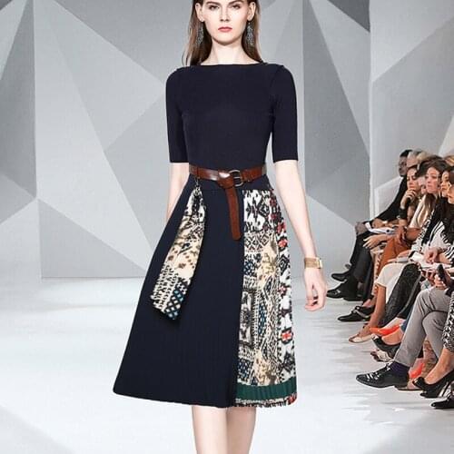 2019 Autumn Runway Pleated Dress Women Elegant Patchwork Knitting Women High Waist Party Casual Dress Retro Vestidos