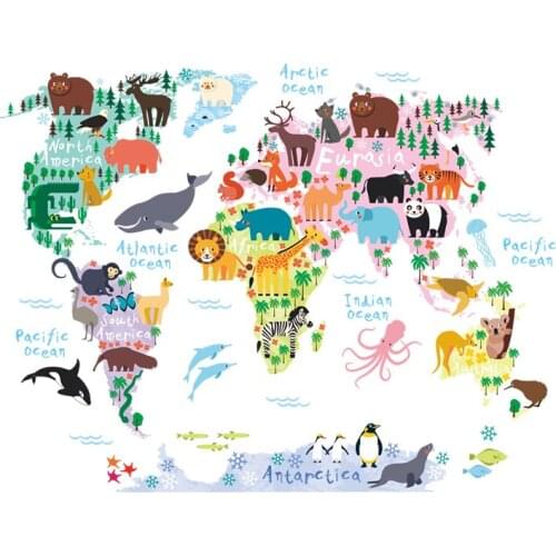 Big Animals World Map Wall Stickers for Kids Room Kindergarten Classroom Decoration Room Decor DIY Wall Safari Mural Art Decals