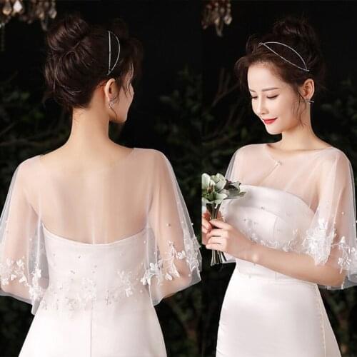 Floral Leaves Applique Shawl Wrap Shrug Pearls Beading Lace Bridal Tulle Cape Wedding Dress Buckle Front Bolero Cover Up