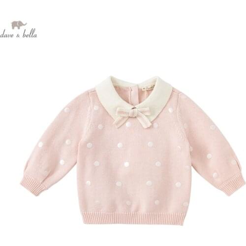 DBL19624 dave bella autumn cute baby girls Christmas removable bow dots knitted sweater kids girl fashion toddler boutique tops