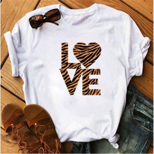 LINNA Lovers leopard heart-shaped T-shirt fashion short-sleeved T-shirt cute Valentines T-shirt Harajuku round neck T-shirt