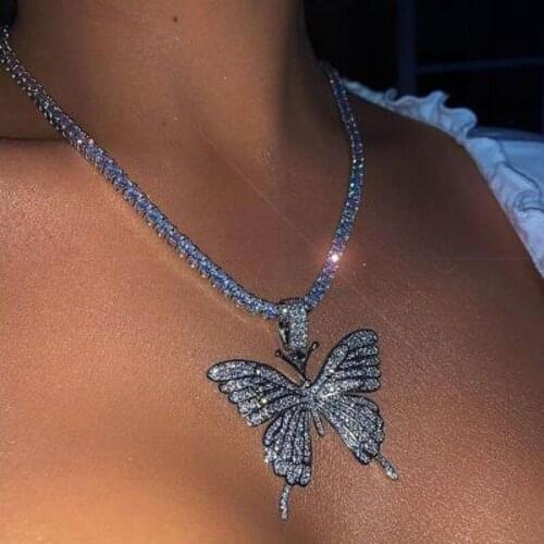 Ins hot sale Large Butterfly Pendants Necklace Hip hop Unisex Women Jewellery Rhinestone Chain Neck chain Fashion Gift Party