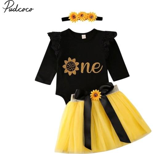 Pudcoco Baby Girls Clothes New Born Infant Baby Girls 1st Birthday Costumes Sunflower Tops Romper Tutu Skirt + Headbands Party