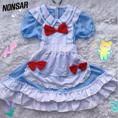 NONSAR Cute Maid Outfit Costumes Lolita Dress For Women Blue Red And White Ribbon Party Sweet Japanese Sexy Dress Cosplay