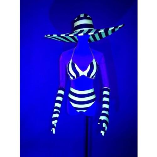 Stage Show Wear Fashion Striped Bikini Sets with gloves and Big Hat Party Dresses Women Singer Dancer Costume