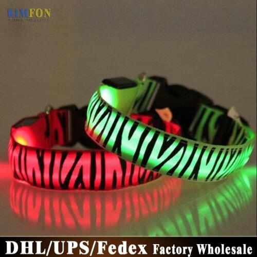 200Pcs/Lot LED Light Up Dog Pet Night Safety Collar Zebra Print Adjustable Nylon Collar Wholesale