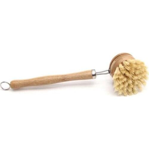 Kitchen Cleaning Brush Bamboo Long Handle Sisal Wash Pot Dishes Brush Can Replace Brush Head 23cm