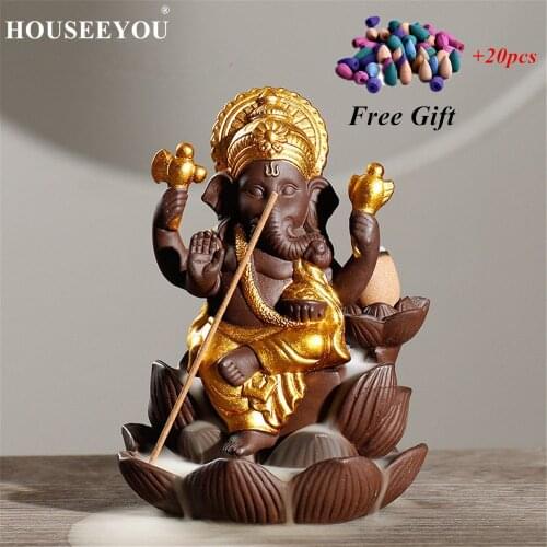 HOUSEEYOU Elephant Head God Ganesha Purple Sand Lotus Type Backflow Incense Burner Buddha Statue Thailand Indian + 20 Free Cones