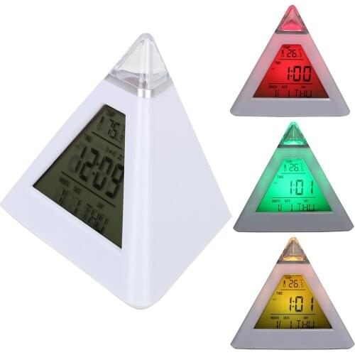 Triangle Pyramid Digital Alarm Clock Perpetual Calendar Thermometer Colorful Backlight Change Clock Home Decoration
