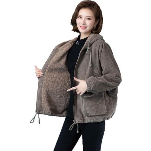 Corduroy Pocket Womens Coat Autumn Winter Large Size Quilted Fleece Warm Jacket Korean Hooded Casual Outwear Female Tops 5XL