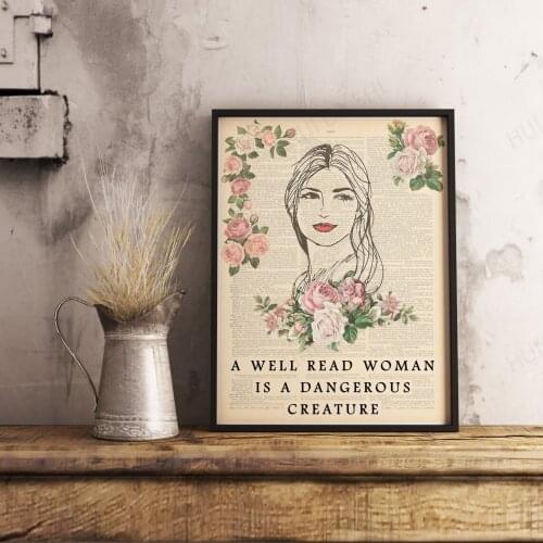 Vintage Reading Poster, Floral Poster, Floral Art, A Well Read Woman, Book Girl, Book Lover, Wall Art, Gift, Quote Poster