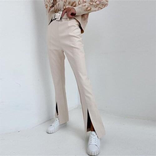 Beige PU Split Leather Pants Womens Fashion High Waist ​Pure Color Bright Line Decoration Straight Slim ​Long Pants