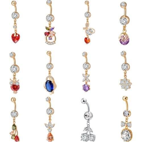 2019 New Sexy Litter Cherry Pendant Medical Steel Navel Ring for Women Trendy Heart Shaped Crystal Zircon Belly Button Piercing