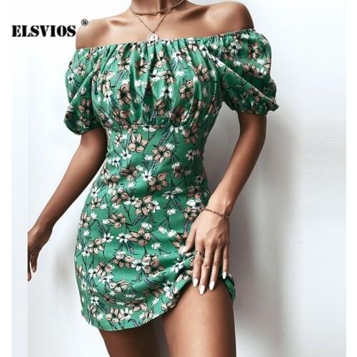 Summer Women Retro Flower Printed Slash Neck Short Dress Sexy Off-shoulder Puff Sleeves Elegant Slim Office Party A-line Dresses