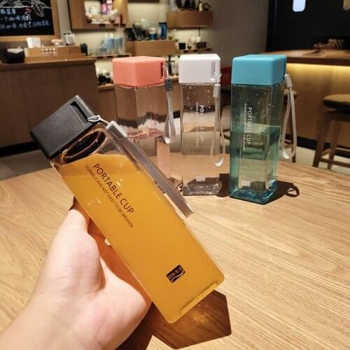 480ml Water Bottles Transparent Square Plastic Matte Cup Outdoor Juice Sports Cup Portable Rope Drinkware Drinking Water Bottle