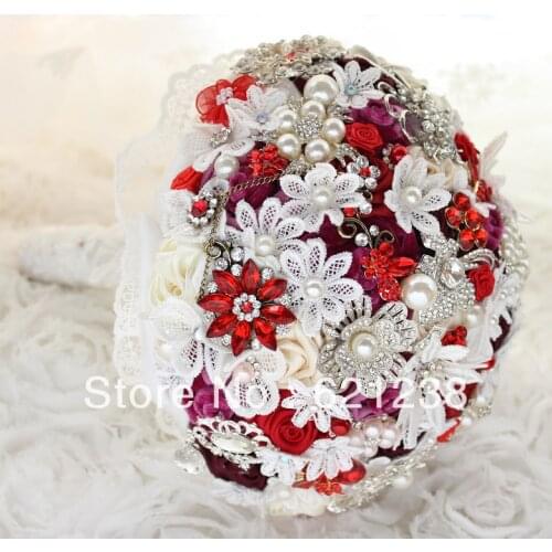 8 inch Wine red bridal bouquet / (handmade) Rose, brooches, jewelry Wedding Bouquet / lace flower crystal bouquet