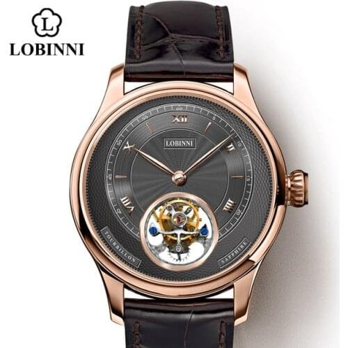 LOBINNI Men Watch Real Tourbillon Luxury Men Wrist Watch Automatic Mechanical Wristwatch Sapphire Mirror Skeleton Leather Strap