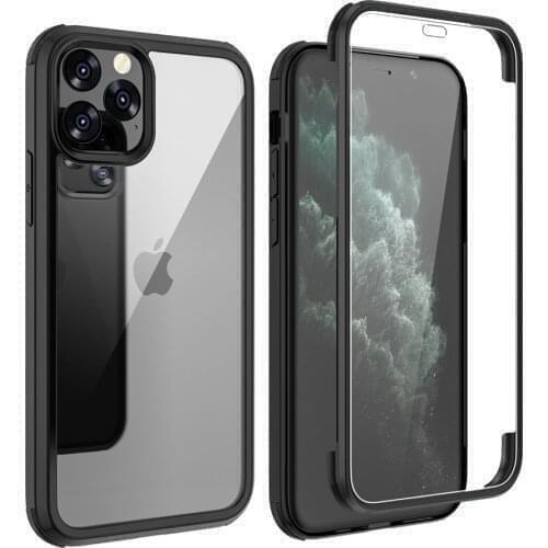 Full Protection Phon Case For iPhone 11 Pro Black For Men Clear Tempered Glass Shockproof Cover No Yellowing
