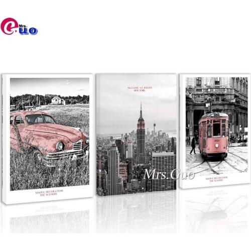 Black And White Pink Car Countryside New York City Skyline Architectural Diamond Painting Triptych Full Diamond Embroidery Kits