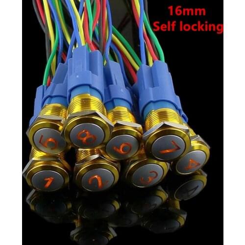16mm Yellow alloy metal button Digital signs 1 2 3 4 5 6 7 8 LED Self locking Metal Waterproof Button Switch red blue green