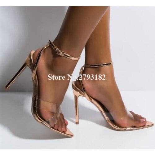 Women Charming Pointed Open Toe PVC Straps Cross Stiletto Heel Sandals Gold Silver Transparent High Heel Sandals Dress Heels