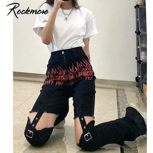 Rockmore Hip Hop Jeans High Waist Hollow Out Cargo Pants Women Buckle Pants Joggers Street Adjustable Denim Trousers Goth Print