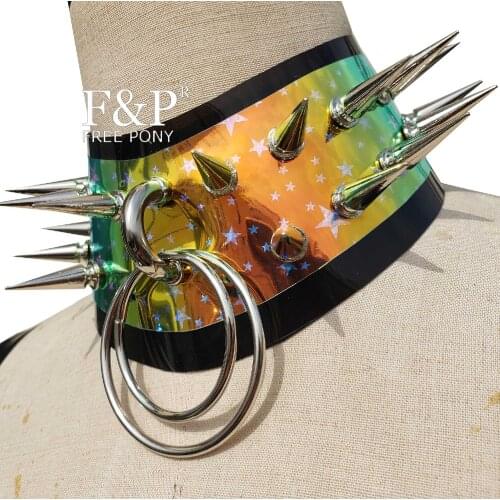 Handmade Holographic PVC Vinyl Spike Gothic Punk Choker Rave Loop Collar Burning Man Costume Gogo Dancer Halloween Accessories