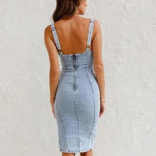50% Hot Sales Sexy Women Dress Backless Sleeveless Low Cut Slit Hem Bodycon Denim Dress for Party