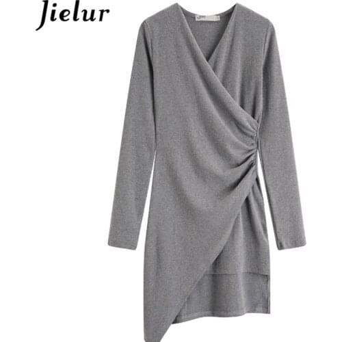 Jielur 2021 Fashion Black Grey Dress V-neck Slim Long Sleeve Waist Woman Dress High Street Spring Summer Sexy Mini Dress Women