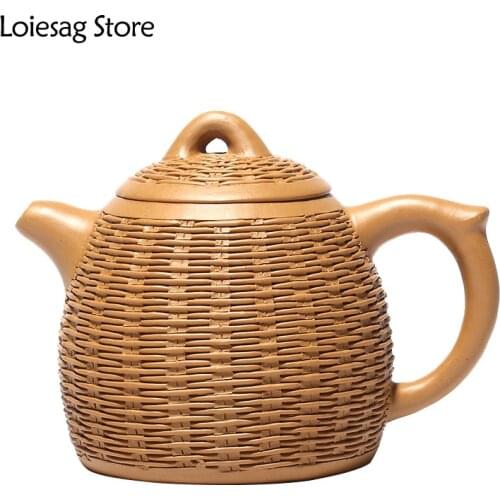 Loiesag 270ml Yixing Raw Ore Golden Duan Mud Seven Holes Effluent Bamboo Weaving Qin Quan Purple Sand Tea Pot Zisha Teapots