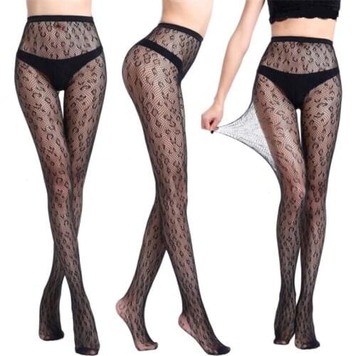 Fashion Leopard Sexy Stockings Ladies Hollow Out Pantyhose Fishnet Stockings Mesh Elastic Print Tight Black High Waist Pantyhose