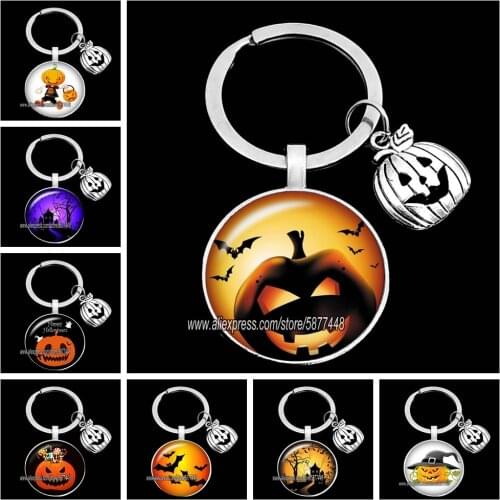 Fashion Halloween Key Ring Glass Key Chain Keychain Jewelry Antique Silver Color Plated Pumpkin Lantern Key Holder for Child