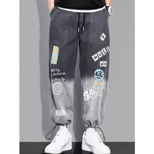 Pure Cotton Jeans Men Hip Hop Pants Straight Leg Casual Pants Joker Pants Pull Rope Korean Version Gradient Young Pants 5XL